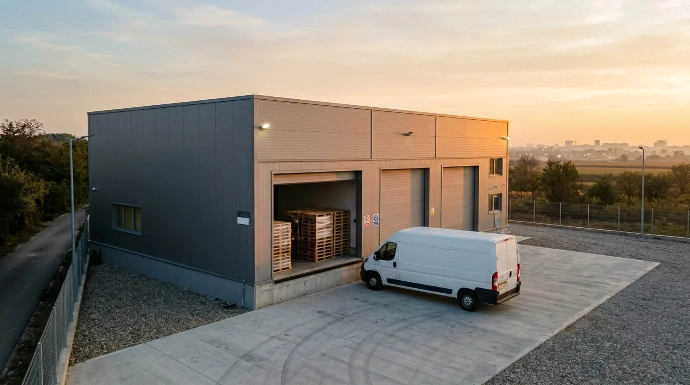 Depozit logistic modern lângă București, cu o dubă albă în față