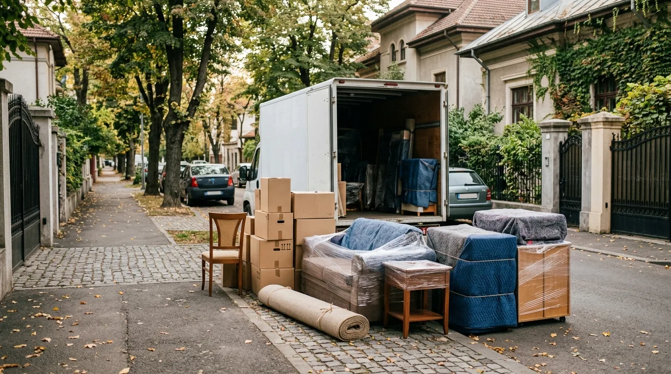 Dubă de mutări cu cutii și mobilă împachetată pe o stradă din București