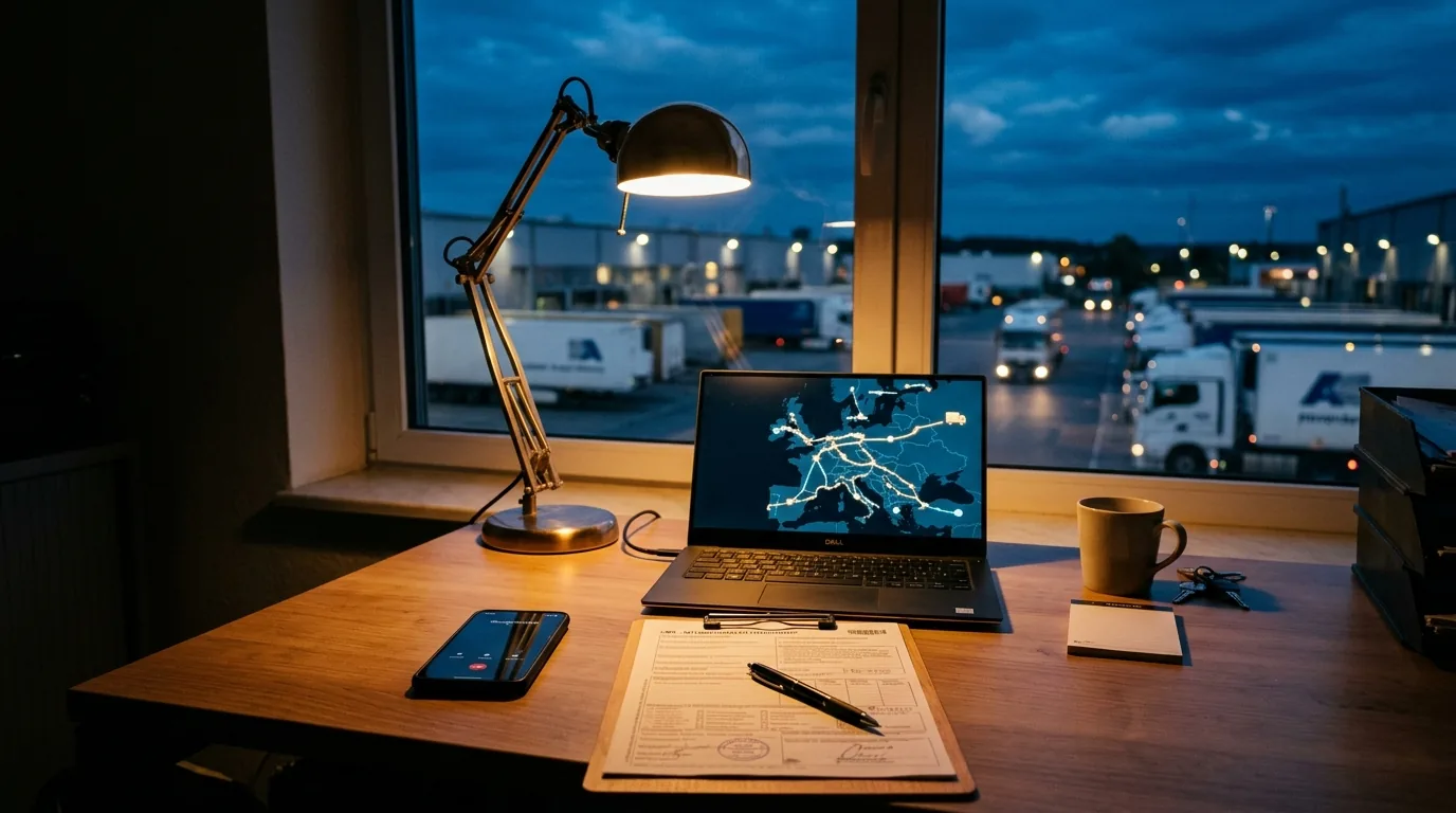 Birou de expediții seara, cu laptop și documente de transport