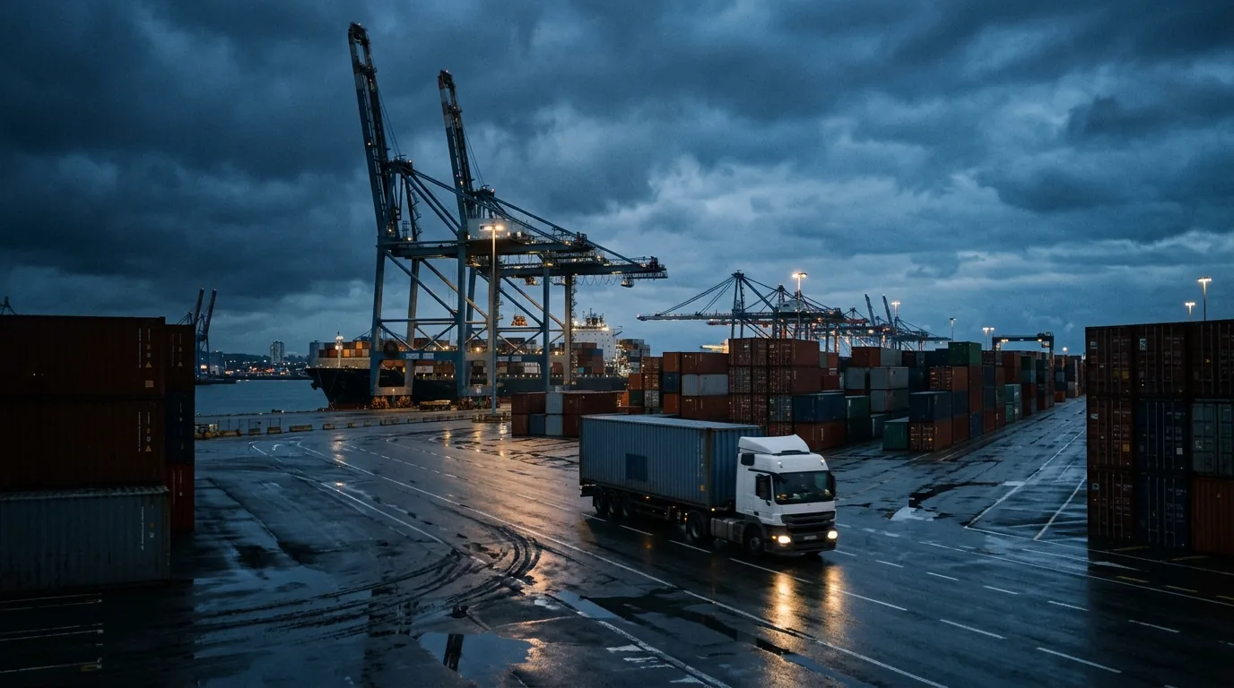 Terminal de containere seara, cu un camion și macarale portuare